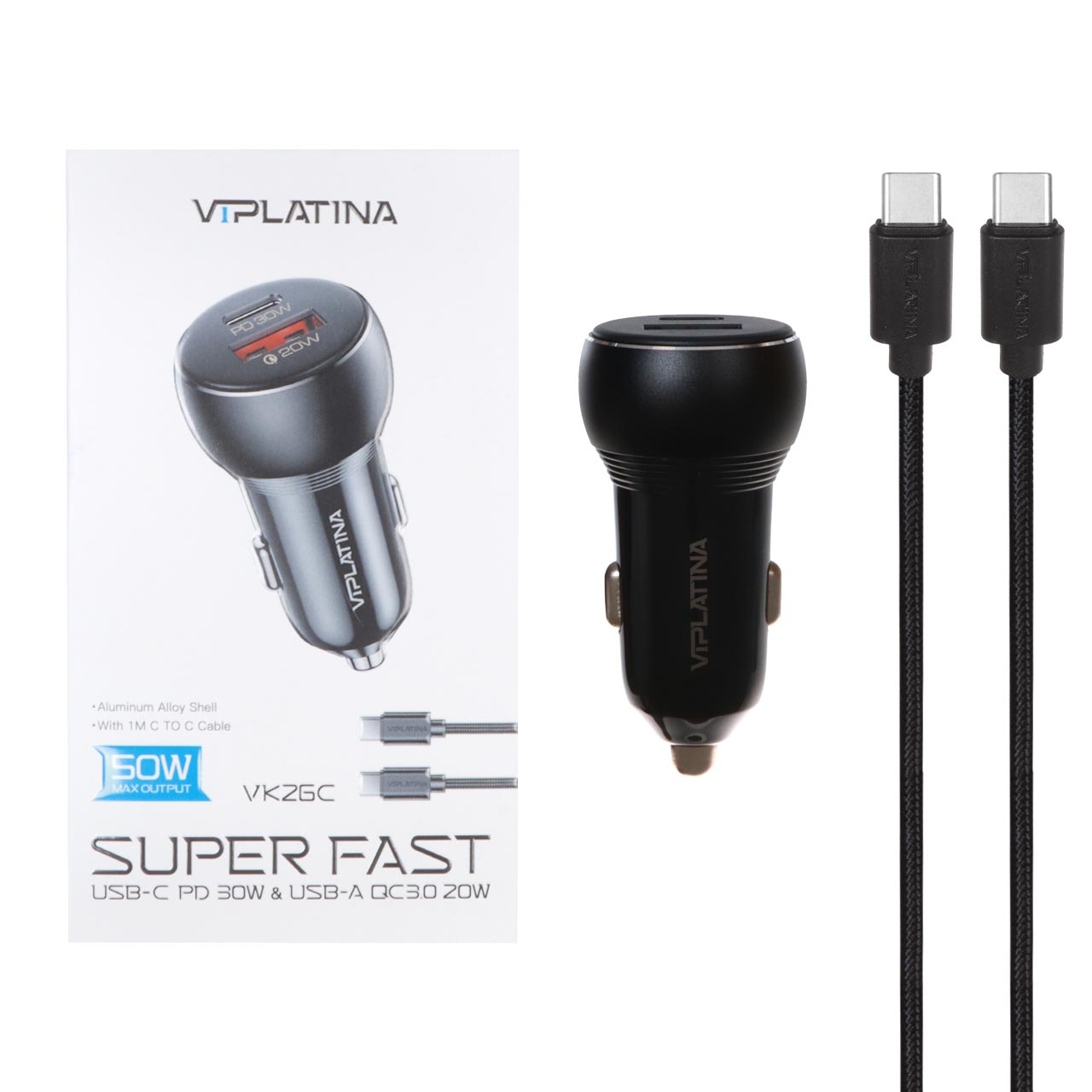 شارژر فندکی PD و فست دو پورت VIPLATINA مدل VK26C 50W به همراه کابل شارژ Type-C To Type-C - مشکی (گارانتی 18 ماه تعویض نیکان همراه)